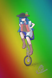 Rule 34 | 1girl, absurdres, accordion, balancing, boots, full body, gradient background, hat, highres, hinanawi tenshi, instrument, meme, music, playing instrument, rainbow, rainbow background, rosenmann, touhou, unicycle, watermark