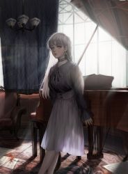 Rule 34 | 1girl, absurdres, backlighting, black choker, choker, commentary request, earrings, flower, grey eyes, grey hair, high-waist skirt, highres, instrument, jewelry, lace, lace choker, leaning on object, lips, long hair, long sleeves, looking at viewer, nose, original, piano, see-through silhouette, sheet music, skirt, sleeves past wrists, solo, spider lily, standing, triangle earrings, usukuchi (impasto life), window