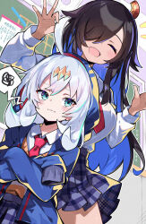 Rule 34 | 2girls, ahoge, ahoge grab, blue eyes, blue hair, blue jacket, blue skirt, blush, breasts, brown cardigan, brown hair, cardigan, classroom, closed mouth, collared shirt, colored inner hair, crossed arms, dark-skinned female, dark skin, duel masters, grey hair, hair over one eye, hands up, height difference, highres, indoors, jacket, long hair, long sleeves, medium hair, multicolored hair, multiple girls, omochishiki, open clothes, open jacket, outline, oversized clothes, plaid, plaid skirt, pleated skirt, sava k zeos (duel masters), school uniform, shirt, shirt tucked in, skirt, sleeves past fingers, sleeves past wrists, spoken squiggle, squiggle, suzu (duel masters), white outline, white shirt