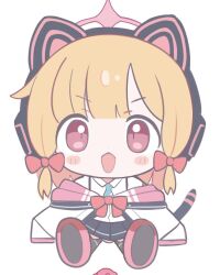 Rule 34 | 1girl, animal ear headphones, animal ears, atat250, blonde hair, blue archive, blue necktie, blue skirt, blush stickers, bow, cat ear headphones, cat tail, chibi, collared shirt, fake animal ears, hair bow, halo, headphones, jacket, long sleeves, looking at viewer, low-tied sidelocks, momoi (blue archive), necktie, open mouth, pink halo, red eyes, shirt, simple background, sitting, skirt, sleeves past fingers, sleeves past wrists, solo, tail, white background, white jacket, white shirt