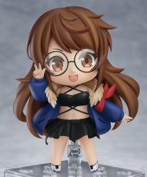 Rule 34 | 1girl, absurdres, artist name, black-framed eyewear, black skirt, blue jacket, character request, chibi, commission, crop top, faux figurine, full body, glasses, highres, indie virtual youtuber, jacket, long hair, long sleeves, looking at viewer, nendoroid, open mouth, round eyewear, second-party source, shiori2525, shoes, skirt, smile, sneakers, solo, swept bangs, v, virtual youtuber, white footwear