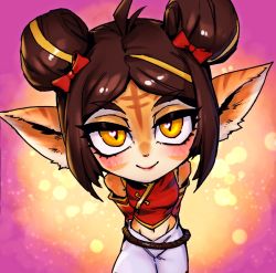 Rule 34 | 1girl, antenna hair, bare shoulders, blush, bow, brown background, double bun, firecracker tristana, grey pants, hair bow, hair bun, heart, heart-shaped pupils, highres, league of legends, midriff, multicolored background, orange eyes, pants, phantom ix row, pink background, pointy ears, red bow, red shirt, rope, shirt, smile, solo, symbol-shaped pupils, tristana