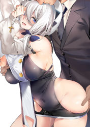 Rule 34 | 1boy, 1girl, bad id, bad twitter id, bent over, black leotard, blue eyes, blush, breasts, character request, copyright request, cross, detached sleeves, hair between eyes, hair ribbon, hand on own ass, hat, highres, large breasts, leotard, looking at viewer, marushin (denwa0214), medium hair, nipple stimulation, nipple tweak, nipples, open mouth, ribbon, silver hair, simple background, smile, solo focus, tabard, white background