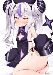 Rule 34 | 1girl, ass, blush, braid, chinese clothes, cocozasa, demon girl, demon horns, detached sleeves, dress, grey hair, hair between eyes, hat, highres, hololive, horns, jewelry, jiangshi costume, la+ darknesss, long hair, long sleeves, looking at viewer, multicolored hair, neck ring, open mouth, panties, pointy ears, purple hair, qingdai guanmao, side-tie panties, sidelocks, sleeves past fingers, sleeves past wrists, solo, streaked hair, striped horns, sweat, thighs, underwear, very long hair, virtual youtuber, white background, wide sleeves, yellow eyes