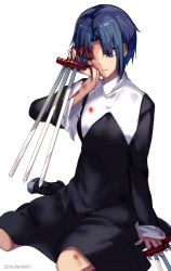 Rule 34 | 1girl, bad id, bad twitter id, black keys (type-moon), bleeding, blood, blood on clothes, blood on face, blue eyes, blue hair, breasts, carimarica, ciel (tsukihime), collar, dress, holding, holding sword, holding weapon, long sleeves, medium breasts, melty blood, nun, seiza, short hair, sitting, solo, sword, tsukihime, weapon