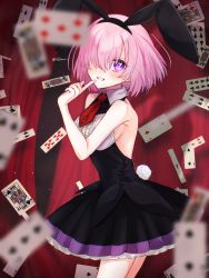 Rule 34 | 1girl, alternate costume, animal ears, backless dress, backless outfit, black dress, blush, breasts, card, collared dress, commentary request, curtains, dress, fake animal ears, fate/grand order, fate (series), finger to mouth, frilled dress, frills, hair over one eye, harukappa, highres, index finger raised, looking at viewer, mash kyrielight, medium breasts, necktie, one eye covered, purple eyes, rabbit ears, red necktie, short hair, shushing, sideboob, sleeveless, sleeveless dress, smile, teeth, twitter username