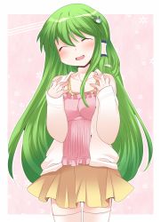 Rule 34 | 1girl, ^ ^, alternate costume, blouse, blush, casual, closed eyes, commentary request, contemporary, closed eyes, frog hair ornament, green hair, hair ornament, hair tubes, hammer (sunset beach), jacket, kochiya sanae, long hair, open mouth, shirt, skirt, smile, snake hair ornament, solo, thighhighs, touhou, very long hair, white thighhighs