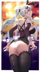 Rule 34 | 1girl, absurdres, animal ears, ass, bad id, bad pixiv id, black hair, black shirt, black thighhighs, blurry, blurry background, breasts, commentary request, detached sleeves, earrings, fake animal ears, from behind, garter straps, hair ornament, heart, heart hair ornament, highres, jewelry, kyoro ina, long hair, long sleeves, looking at viewer, looking back, medium breasts, multicolored hair, original, panties, parted lips, ponytail, rabbit ears, rabbit tail, red eyes, shirt, signature, silver hair, solo, standing, strap pull, streaked hair, tail, thighhighs, thighs, underwear, white panties