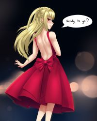 Rule 34 | 1boy, back, backless dress, backless outfit, bare shoulders, blurry, bokeh, commentary, depth of field, dress, english commentary, english text, from behind, long hair, looking at viewer, looking back, male focus, maria holic, parted lips, profile, red dress, red eyes, shidou mariya, shoulder blades, smile, solo, speech bubble, trap, two side up, twrlare