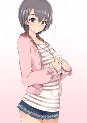 Rule 34 | 1girl, black eyes, blue skirt, blush, breasts, closed mouth, collarbone, cowboy shot, dot nose, from side, gradient background, grey eyes, grey hair, hand on own chest, hands up, idolmaster, idolmaster cinderella girls, idolmaster cinderella girls starlight stage, jacket, jewelry, long sleeves, looking at viewer, maruwa tarou, necklace, open mouth, otokura yuuki, pink background, pink jacket, shirt, short hair, simple background, skirt, small breasts, solo, standing, striped clothes, striped shirt, white shirt