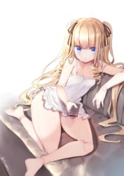 Rule 34 | 1girl, bare shoulders, black ribbon, blonde hair, blue eyes, breasts, chemise, controller, doll joints, drill hair, hair ribbon, highres, joints, long hair, parted lips, remote control, ribbon, rozen maiden, shinku, sitting, small breasts, solo, tousen, twintails, very long hair, wide hips
