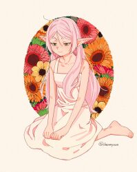 Rule 34 | 1girl, bare shoulders, barefoot, closed mouth, collarbone, commentary request, dress, elf, flower, frieren, full body, green eyes, hair between eyes, hair down, hands on own legs, highres, long hair, looking down, ojizou, orange flower, parted bangs, pink hair, pointy ears, red flower, sitting, sleeveless, sleeveless dress, solo, sousou no frieren, v arms, wariza, white dress, yellow flower