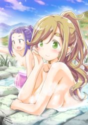 Rule 34 | 10s, 3girls, :o, artist name, blonde hair, blush, breasts, brown eyes, commentary request, day, green eyes, highres, inuyama aoi, iwasaki masakazu, large breasts, long hair, looking at viewer, multiple girls, nude, oogaki chiaki, outdoors, ponytail, purple hair, small breasts, smile, thick eyebrows, yurucamp