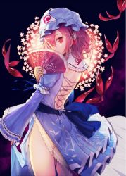 Rule 34 | 1girl, back, blue dress, commentary request, covering own mouth, dress, flower, frilled dress, frilled sleeves, frills, from behind, hand fan, hat, kitada mo, long sleeves, looking at viewer, looking back, mob cap, pink eyes, pink hair, saigyouji yuyuko, short hair, solo, touhou, triangular headpiece, wide sleeves