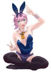 Rule 34 | 1girl, absurdres, alternate costume, animal ears, aoba (kancolle), arm up, bare arms, bare shoulders, black thighhighs, blue eyes, blue leotard, breasts, crossed legs, detached collar, fake animal ears, highleg, highleg leotard, highres, kantai collection, leotard, looking at viewer, micro shorts, neckerchief, ojipon, open mouth, pink hair, playboy bunny, rabbit ears, shorts, sitting, smile, solo, thighhighs, wrist cuffs, yellow neckerchief