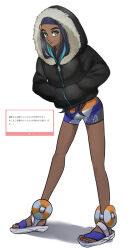 Rule 34 | 1girl, aqua hair, bike shorts, black hair, black jacket, closed mouth, commentary request, creatures (company), dark-skinned female, dark skin, earrings, echizen (n fns17), full body, fur-trimmed hood, fur trim, game freak, hands in pockets, highres, hood, hood up, hooded jacket, hoop earrings, jacket, jewelry, leaning, long hair, looking at viewer, multicolored hair, nessa (pokemon), nintendo, pokemon, pokemon swsh, sandals, solo, standing, toes, translation request, two-tone hair