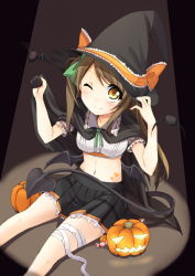 Rule 34 | 10s, 1girl, ;), bad id, bad pixiv id, bat (animal), brown eyes, brown hair, candy, candy wrapper, cape, demon tail, halloween, hat, highres, jack-o&#039;-lantern, long hair, love live!, love live! school idol project, midriff, minami kotori, navel, one eye closed, oruto (ort+), oruton, pumpkin, ribbon-trimmed collar, ribbon trim, smile, tail, wings, wink, witch hat, wrapped candy