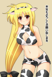Rule 34 | 00s, 1girl, animal ears, animal print, blonde hair, breasts, cleavage, cleavage cutout, clothing cutout, cow ears, cow girl, cow print, fate testarossa, hair ribbon, horns, long hair, low-tied long hair, lyrical nanoha, mahou shoujo lyrical nanoha, mahou shoujo lyrical nanoha strikers, masakichi (crossroad), medium breasts, midriff, navel, new year, red eyes, ribbon, shorts, solo, thighhighs, very long hair