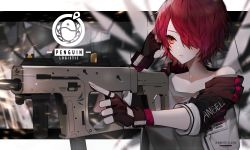 Rule 34 | 1girl, absurdres, arknights, black gloves, black sleeves, commentary, exusiai (arknights), fingerless gloves, gloves, grey shirt, gun, hair over one eye, hand to head, highres, holding, holding gun, holding weapon, id card, jacket, kriss vector, muaooooo, off shoulder, penguin logistics logo, red eyes, red hair, shirt, short hair, short sleeves, solo, submachine gun, upper body, weapon, white jacket