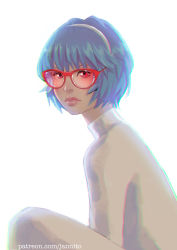 Rule 34 | 1girl, ayanami rei, bespectacled, blue hair, casual, chromatic aberration, glasses, hairband, highres, hipster, jaimito, lips, neon genesis evangelion, red-framed eyewear, red eyes, short hair, solo, turtleneck