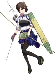 Rule 34 | 10s, 1girl, arrow (projectile), ashiwara yuu, bow (weapon), brown eyes, brown hair, gloves, japanese clothes, kaga (kancolle), kantai collection, muneate, partially fingerless gloves, partly fingerless gloves, personification, short hair, side ponytail, single glove, skirt, solo, thighhighs, weapon, yugake
