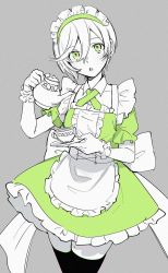 Rule 34 | 1girl, :o, alternate costume, apron, back bow, bow, cowboy shot, cross-laced clothes, cross tie, cup, detached collar, dot nose, dress, enmaided, frilled cuffs, frilled dress, frills, fuji fujino, green dress, green eyes, green theme, grey background, hair between eyes, highres, holding, holding cup, holding kettle, layered sleeves, looking at viewer, magia record: mahou shoujo madoka magica gaiden, mahou shoujo madoka magica, maid, maid headdress, parted lips, puffy short sleeves, puffy sleeves, sasame yozuru, short dress, short hair, short sleeves, simple background, solo, swept bangs, thighhighs