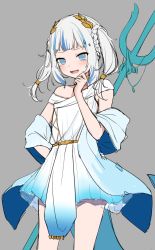 Rule 34 | 1girl, :d, amashiro natsuki, blue dress, blue eyes, blue hair, braid, commentary request, dress, fins, fish tail, gawr gura, gawr gura (party dress), gradient dress, grey background, hagoromo, hand up, highres, hololive, hololive english, looking at viewer, multicolored hair, open mouth, pleated dress, polearm, shark tail, sharp teeth, shawl, simple background, smile, solo, streaked hair, tail, teeth, trident, twintails, virtual youtuber, weapon, white dress, white hair