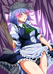 Rule 34 | 1girl, apron, arm up, ascot, back bow, bed sheet, black panties, blouse, blue vest, blush, bow, braid, closed mouth, collared shirt, commentary request, dated, earrings, eyelashes, fingernails, frilled apron, frills, green ascot, green ribbon, hair ribbon, highres, izayoi sakuya, jewelry, lying, maid apron, medium hair, on back, on bed, open mouth, panties, pillow, puffy short sleeves, puffy sleeves, ribbon, sash, shiny skin, shirt, short sleeves, side braid, sidelocks, signature, silver hair, sleeping, solo, tatsuya (guild plus), thighs, touhou, tress ribbon, twin braids, underwear, vest, white apron, white sash, white shirt, wing collar