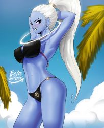 Rule 34 | 1girl, absurdres, arms behind head, bikini, black bikini, black lips, blue skin, blue sky, blush, breasts, cloud, colored skin, cowboy shot, dragon ball, dragon ball super, echo saber, highres, large breasts, lips, long hair, looking to the side, palm tree, ponytail, purple eyes, sky, smile, solo, swimsuit, tree, vados (dragon ball), white hair