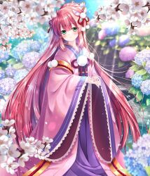 Rule 34 | 1girl, blue flower, blurry, blurry background, blush, branch, butterfly hair ornament, character request, closed mouth, commentary request, day, depth of field, flower, green eyes, hair ornament, highres, hydrangea, japanese clothes, kimono, long hair, long sleeves, looking at viewer, maplestory, obi, open clothes, outdoors, pink flower, pink hair, purple kimono, sakurano ru, sash, sleeves past wrists, smile, solo, sunlight, very long hair, water, white flower, wide sleeves