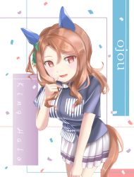 Rule 34 | 1girl, alternate costume, bad id, bad pixiv id, blue shirt, bow, brown eyes, brown hair, character name, commentary request, confetti, green bow, hair bow, hand up, highres, horse girl, horse tail, king halo (umamusume), lawson, leaning forward, long hair, playing with hair, pleated skirt, shirt, skirt, solo, striped, tail, totosionz, umamusume, uniform, vertical stripes, white background