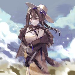 Rule 34 | 1girl, animal ear fluff, animal ears, arknights, bare shoulders, black choker, blue sky, brown hair, brown jacket, choker, closed mouth, cloud, collarbone, cowboy shot, day, freckles, fur-trimmed jacket, fur trim, glint, hat, highres, holding, holding knife, holding weapon, jacket, knife, long hair, long sleeves, looking at viewer, mianshuang, off shoulder, official alternate costume, open clothes, open jacket, orange eyes, outdoors, ponytail, raccoon ears, raccoon girl, raccoon tail, robin (arknights), robin (gift of wild) (arknights), shirt, skirt, sky, solo, sun hat, tail, weapon, white hat, white shirt, yellow skirt