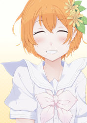 Rule 34 | 1girl, a song for you! you? you!, artist name, artist request, blush, breasts, close-up, closed eyes, female focus, flat chest, flower, hair between eyes, hair flower, hair ornament, highres, hoshizora rin, leaf hair ornament, looking at viewer, love live!, love live! school idol festival, love live! school idol project, neckerchief, orange hair, parted lips, pink neckerchief, pink scrunchie, sailor collar, scrunchie, sharp teeth, shirt, short hair, short sleeves, small breasts, smile, solo, teeth, upper body, white sailor collar, white shirt, wrist scrunchie, yellow flower