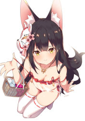 Rule 34 | 1girl, animal ear fluff, animal ears, arm up, azur lane, basket, black hair, bra, bra pull, breasts, cleavage, clothes pull, commentary request, fox ears, from above, highres, jewelry, long hair, looking at viewer, looking up, mask, mask on head, nagato (azur lane), nagato (great fox&#039;s respite) (azur lane), navel, necklace, panties, pulling own clothes, red bra, red panties, side-tie panties, simple background, sitting, small breasts, smile, solo, strap slip, supershiruco, thighhighs, underwear, underwear only, very long hair, white background, white thighhighs, yellow eyes