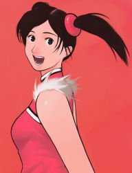 Rule 34 | 1girl, black eyes, black hair, face, g-room honten, happy, ling xiaoyu, namco, red background, simple background, smile, solo, tekken, twintails