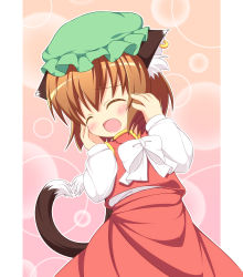 Rule 34 | 1girl, animal ears, blush, bow, brown hair, cat ears, cat girl, cat tail, chen, earrings, closed eyes, fang, female focus, hat, heart, heart tail, highres, jewelry, multiple tails, open mouth, pila-pela, ribbon, short hair, solo, tail, touhou