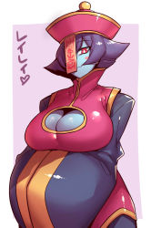 Rule 34 | 1girl, blue skin, blush stickers, breasts, chinese clothes, cleavage, cleavage cutout, clothing cutout, colored skin, flipped hair, hat, jiangshi, large breasts, lei lei, looking at viewer, ofuda, purple hair, qingdai guanmao, red eyes, solo, tukiwani, vampire (game), wide sleeves