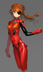 Rule 34 | 1girl, bad id, bad pixiv id, blue eyes, bodysuit, boroja, bracer, breasts, brown hair, cowboy shot, duct tape, expressionless, eyelashes, eyepatch, floating hair, from side, gloves, grey background, hair ornament, long hair, looking at viewer, neon genesis evangelion, orange hair, outstretched arm, pilot suit, plugsuit, rebuild of evangelion, shiny clothes, simple background, sketch, skinny, small breasts, solo, souryuu asuka langley, two side up