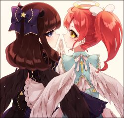 Rule 34 | 2girls, angel and devil, ao (ao0 0nemu), bad id, bad pixiv id, black horns, black wings, blue bow, blue eyes, bow, brown hair, closed mouth, cross, demon horns, feathered wings, from behind, hair bow, halo, hand on hand, hand up, highres, horns, kurosu aroma, long hair, long sleeves, looking at viewer, looking back, multiple girls, ponytail, pretty series, pripara, red hair, ribbon, shiratama mikan, simple background, white ribbon, white wings, wide sleeves, wings, yellow eyes, yellow halo