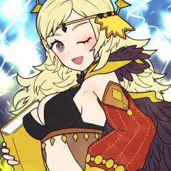 Rule 34 | 1girl, blonde hair, bodystocking, book, breasts, fire emblem, fire emblem fates, grey eyes, holding, holding book, long hair, looking at viewer, m0fa0, medium breasts, nintendo, official alternate costume, one eye closed, open mouth, ophelia (fire emblem), solo, upper body