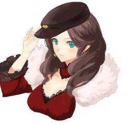 Rule 34 | 1girl, aqua eyes, blush, breasts, brown hair, choker, cleavage, dollinger, dorothea arnault, dress, earrings, fire emblem, fire emblem: three houses, gloves, hair ornament, hat, highres, jewelry, long hair, looking at viewer, medium breasts, nintendo, parted lips, simple background, smile, solo, upper body, white background