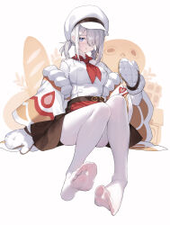Rule 34 | 1girl, absurdres, black survival, blue eyes, bread, breasts, eternal return: black survival, eyepatch, food, full body, grey hair, hair over one eye, hat, highres, jacket, large breasts, looking at viewer, medium hair, mittens, neckerchief, no shoes, pantyhose, parted lips, red neckerchief, short twintails, sissela kyle, sitting, solo, tunamayo (dsasd751), twintails, white hat, white jacket, white mittens, white pantyhose, wilson (black survival)