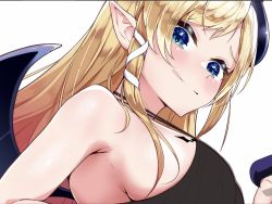 Rule 34 | 1girl, armpits, artist request, bat tattoo, blonde hair, blue eyes, breast tattoo, breasts, demon girl, demon horns, demon wings, highres, hololive, horns, large breasts, long hair, looking at viewer, pointy ears, sideboob, solo, swimsuit, tattoo, virtual youtuber, winged heart, wings, yuzuki choco