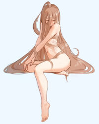 Rule 34 | 1girl, absurdres, barefoot, closed eyes, commentary, facing viewer, feet, full body, hair between eyes, hands on own leg, highres, invisible chair, light frown, long hair, mawaw, navel, sense (sousou no frieren), simple background, sitting, solo, sousou no frieren, tattoo, thighs, toes, very long hair, white background