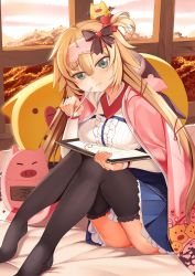 Rule 34 | 1girl, akai haato, akai haato (1st costume), blonde hair, blue eyes, bow, commentary request, cosplay, demon wings, fate/grand order, fate (series), haaton (akai haato), hair ornament, hair ribbon, headwear request, heart, heart hair ornament, holding, holding stylus, hololive, mountainous horizon, on bed, osakabehime (fate), osakabehime (fate) (cosplay), pillow, raey, ribbon, sitting, solo, stylus, tablet pc, thighhighs, thinking, virtual youtuber, wings, zettai ryouiki