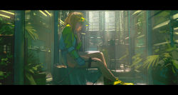 Rule 34 | 1girl, alcxome, bare legs, blonde hair, blurry, closed eyes, commentary, crate, depth of field, full body, gardening, gloves, green theme, highres, hose, indoors, letterboxed, medium hair, original, plant, sitting, solo, symbol-only commentary, thigh strap, visor cap, white gloves, window shutter, yellow footwear