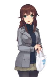 Rule 34 | 10s, 1girl, :d, absurdres, bag, black pantyhose, black sweater, breasts, brown hair, cowboy shot, green eyes, green skirt, grey jacket, highres, jacket, kantai collection, konishi (koconatu), large breasts, lawson, long hair, looking at viewer, miniskirt, noshiro (kancolle), open clothes, open jacket, open mouth, pantyhose, plastic bag, pleated skirt, ribbed sweater, simple background, skirt, smile, solo, standing, sweater, turtleneck, turtleneck sweater, white background