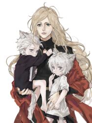 Rule 34 | 1girl, aged down, animal ears, blonde hair, blue eyes, blush, brown eyes, closed mouth, dante (devil may cry), devil may cry (series), dress, eva (devil may cry), family, hair slicked back, highres, hj 0547, holding, long hair, male focus, mother and son, multiple boys, parent and child, shorts, siblings, smile, vergil (devil may cry), white background, white hair