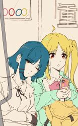 Rule 34 | 2girls, ahoge, backpack, bag, bag on lap, black ribbon, blonde hair, bloom into me15, blue hair, bocchi the rock!, cellphone, closed mouth, collared shirt, green hoodie, hair ornament, hairclip, half-closed eye, head on another&#039;s shoulder, highres, holding, holding phone, hood, hood down, hoodie, ijichi nijika, light blush, long hair, long sleeves, looking at phone, looking at viewer, mole, mole under eye, multiple girls, neck ribbon, one eye closed, open clothes, open hoodie, phone, raised eyebrow, red eyes, ribbon, shirt, short hair, side-by-side, side ponytail, sitting, smartphone, train interior, upper body, white shirt, yamada ryo