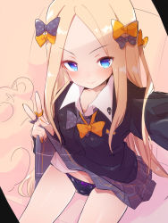 Rule 34 | 1girl, abigail williams (fate), black bow, black bowtie, black panties, black sweater, blonde hair, blue eyes, blush, bow, bow panties, bowtie, caburi, cardigan, clothes lift, commentary request, fate/grand order, fate (series), forehead, grey skirt, highres, lifted by self, long hair, long sleeves, looking at viewer, nail polish, orange bow, orange bowtie, panties, parted bangs, plaid, plaid skirt, pleated skirt, polka dot, polka dot bow, reaching, reaching towards viewer, selfie, sitting, skirt, skirt lift, skull print, smile, solo, stuffed animal, stuffed toy, sweater, teddy bear, thighs, underwear, v